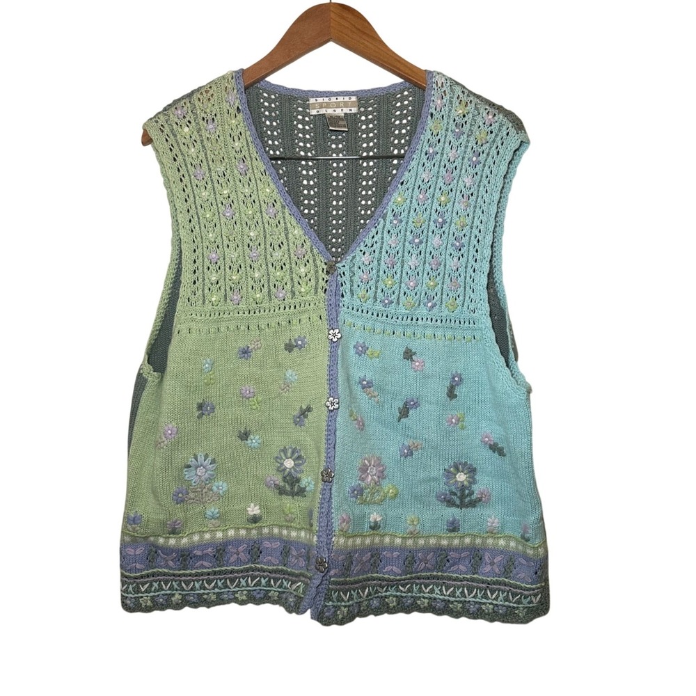 VTG Sigrid Olsen Floral Crochet Vest Size XL Pastel Cottagecore Boho Coquette